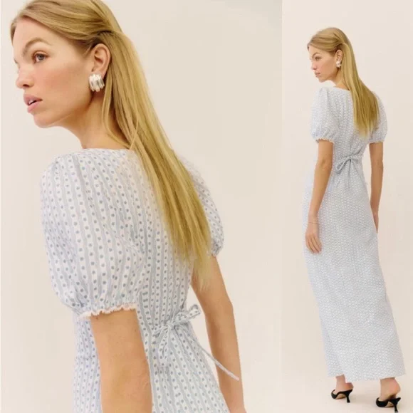chinese dress ladies Reformation Cherise Linen Blue Short Puff Sleeve Maxi Dress – The Closet  New York main image 0